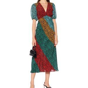 Rixo Amber Giraffe Puff Sleeve Silk Midi Dress